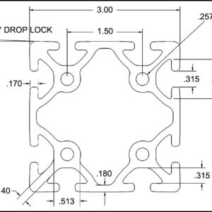 Cross-sectional engineering drawing of a symmetrical extrusion profile with interlocking lobes, two internal holes, and multiple grooves. Overall width 3.00 inches; two Ø0.257 inch holes; bottom inner groove and side slots with dimensions noted (e.g., .790 inch vertical, .315 inch horizontal) and various radii/thickness calls.