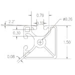 Cross-sectional technical drawing of an aluminum extrusion with a central mounting hole, inner channels, and multiple dimensions (1.50 height, Ø0.26 hole, 0.32/0.79 offsets, 2.2° taper).