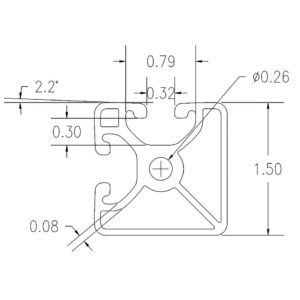 Cross-sectional technical drawing of an aluminum extrusion with a central mounting hole, inner channels, and multiple dimensions (1.50 height, Ø0.26 hole, 0.32/0.79 offsets, 2.2° taper).