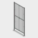 Freestanding metal mesh panel barrier with a grey frame and adjustable base feet, designed for industrial safety partitions.