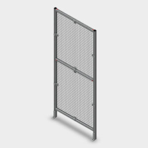 Freestanding metal mesh panel barrier with a grey frame and adjustable base feet, designed for industrial safety partitions.