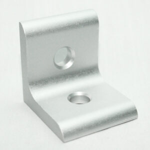 L-shaped silver metal bracket with two screw holes for mounting on a surface take two screws.