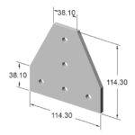 Isometric drawing of a gray triangular plate with five through-holes; dimensions show a base and height of 114.30 units and a thickness of 38.10 units.