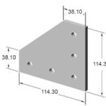 3D wedge-shaped metal plate with five holes and dimensions 114.30 by 38.10 units (isometric view).