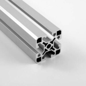 Cross-section of a silver aluminum extrusion rail with multiple T-slot channels used for modular framing systems.