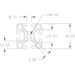 Technical drawing of a machined part showing a central circular bore, pockets, and a 6.85 mm diameter hole with overall dimensions labeled (8.13, 12.24, 5.08, 20.57, 40.00).