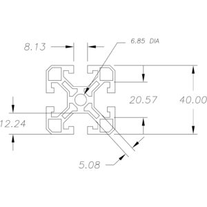 Technical drawing of a machined part showing a central circular bore, pockets, and a 6.85 mm diameter hole with overall dimensions labeled (8.13, 12.24, 5.08, 20.57, 40.00).