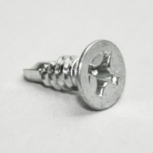 Close-up of a silver Phillips head screw lying on a light surface, showing threaded body and cross drive.
