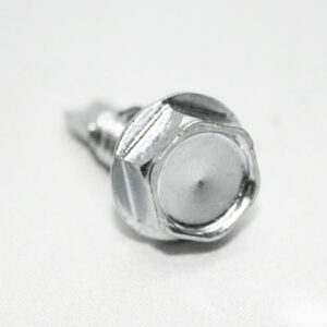 Close-up of a shiny metal hex bolt head on a white background.