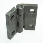 Metal hinge component with two mounting plates and a central pivot, shown on a white background.