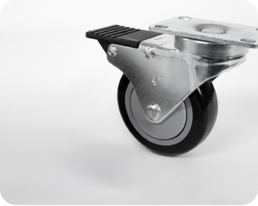 Caster and leveling foot components for industrial framing systems.